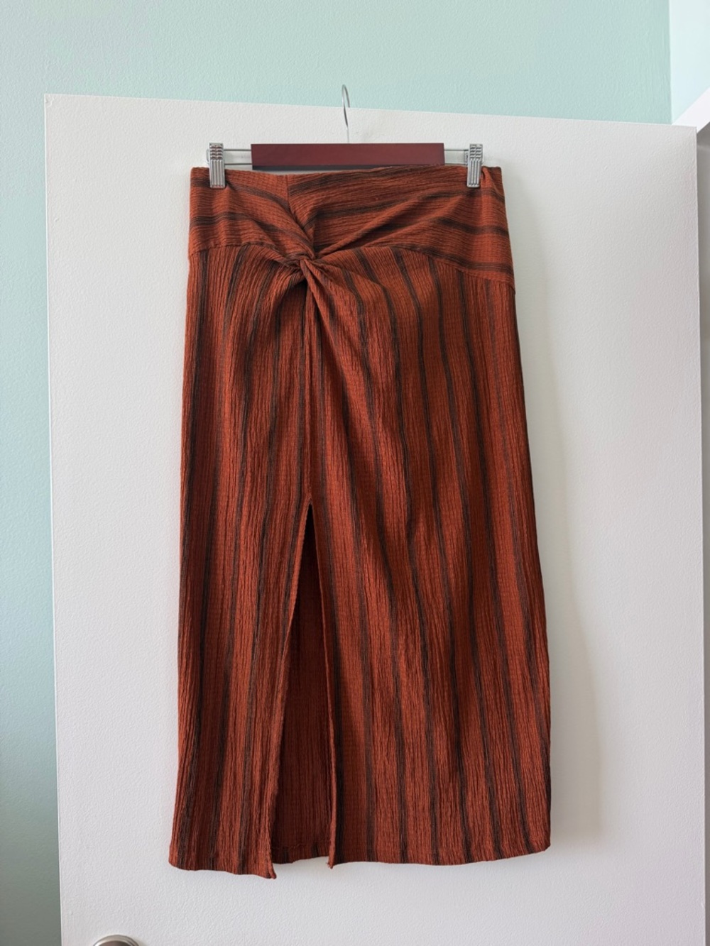 H&’ Rust Striped Midi Skirt with Front Slit and Gathered Knot Detail